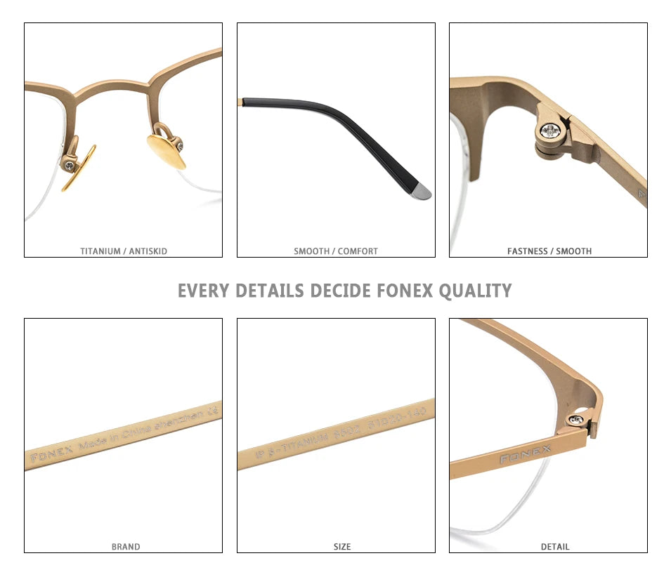 FONEX Pure Titanium Glasses Frame Men Vintage Square Eyewear Women Ultralight Semi-Rimless Half-Rim Japanese Eyeglasses 8502
