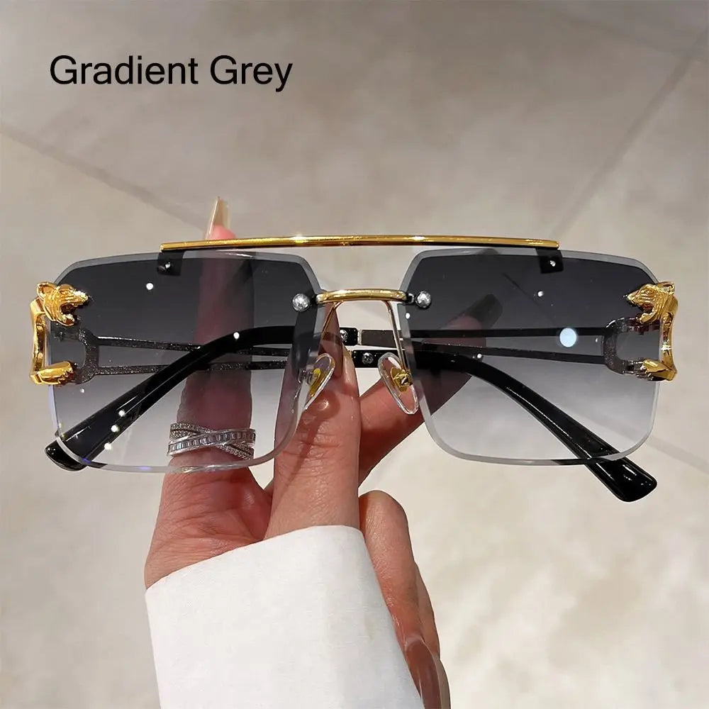 Retro Rimless Sunglasses Eyewear Cheetah Decor Metal Sun Glasses Unisex Oversized Square Shades New Double Bridge Gradient UV400