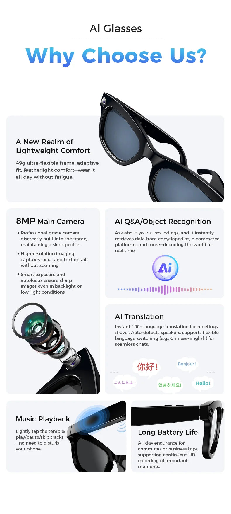 M01 Pro Smart Glasses With Camera 8 Million Pixels Photo Video Recording Supports AI translation Object Recognition With ChatGPT