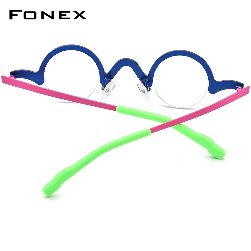 FONEX Pure Titanium Glasses Frame Men Brand Design Retro Vintage Small Round Eyeglasses Women Semi-Rimless Half Eyewear 85810