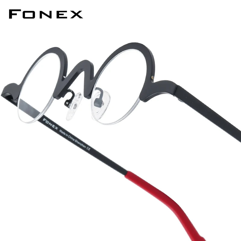 FONEX Pure Titanium Glasses Frame Men Brand Design Retro Vintage Small Round Eyeglasses Women Semi-Rimless Half Eyewear 85810