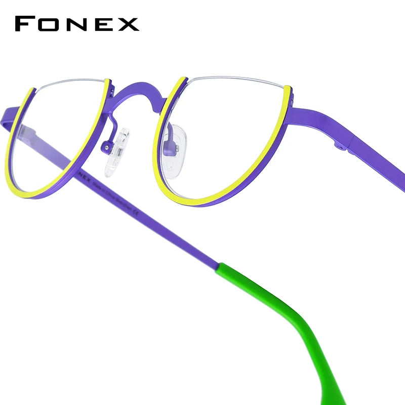 FONEX Pure Titanium Glasses Frame Men Brand Design Retro Vintage Small Round Eyeglasses Women Semi-Rimless Half Eyewear 85810