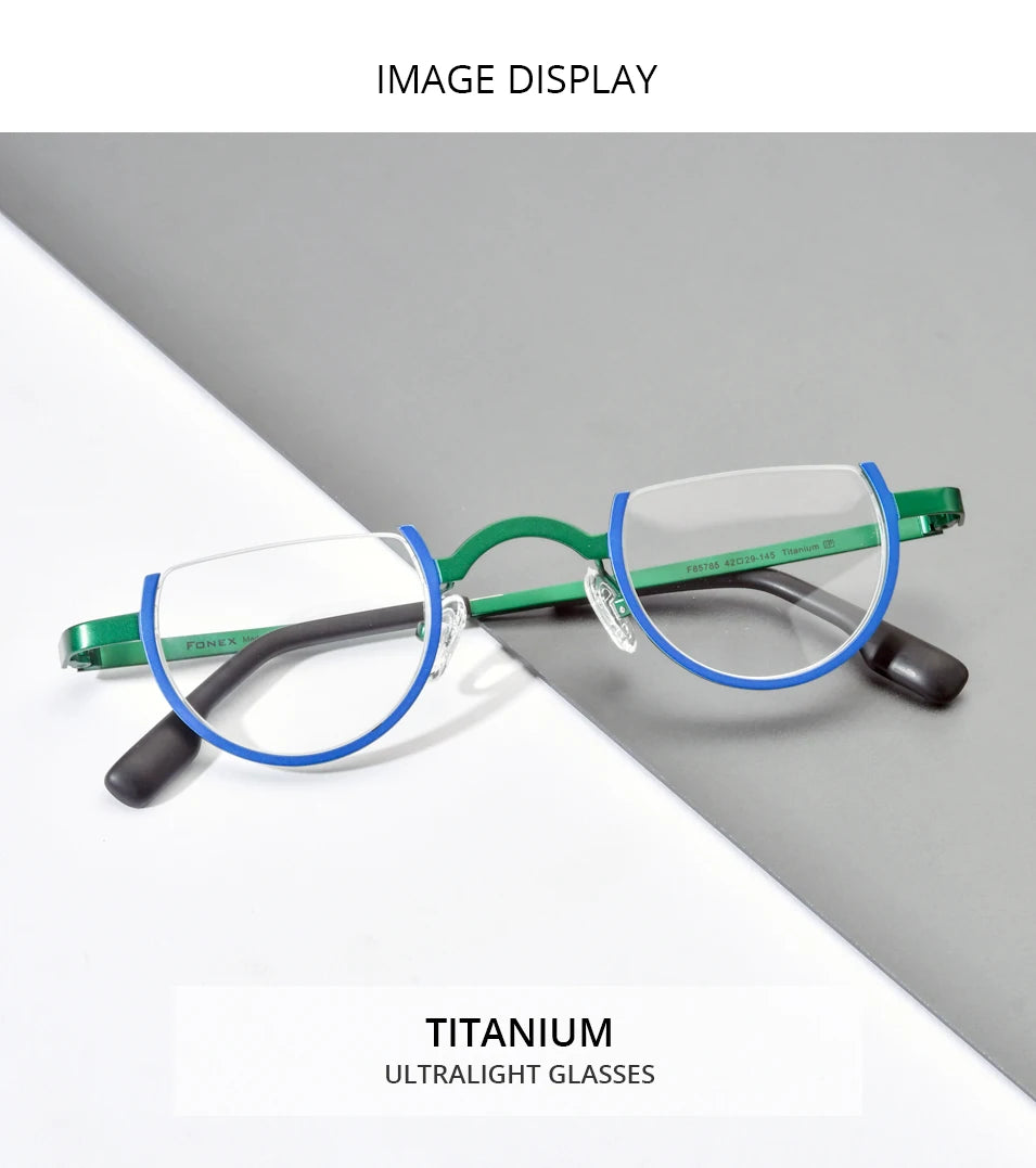 FONEX Pure Titanium Glasses Frame Men Brand Design Retro Vintage Small Round Eyeglasses Women Semi-Rimless Half Eyewear 85810