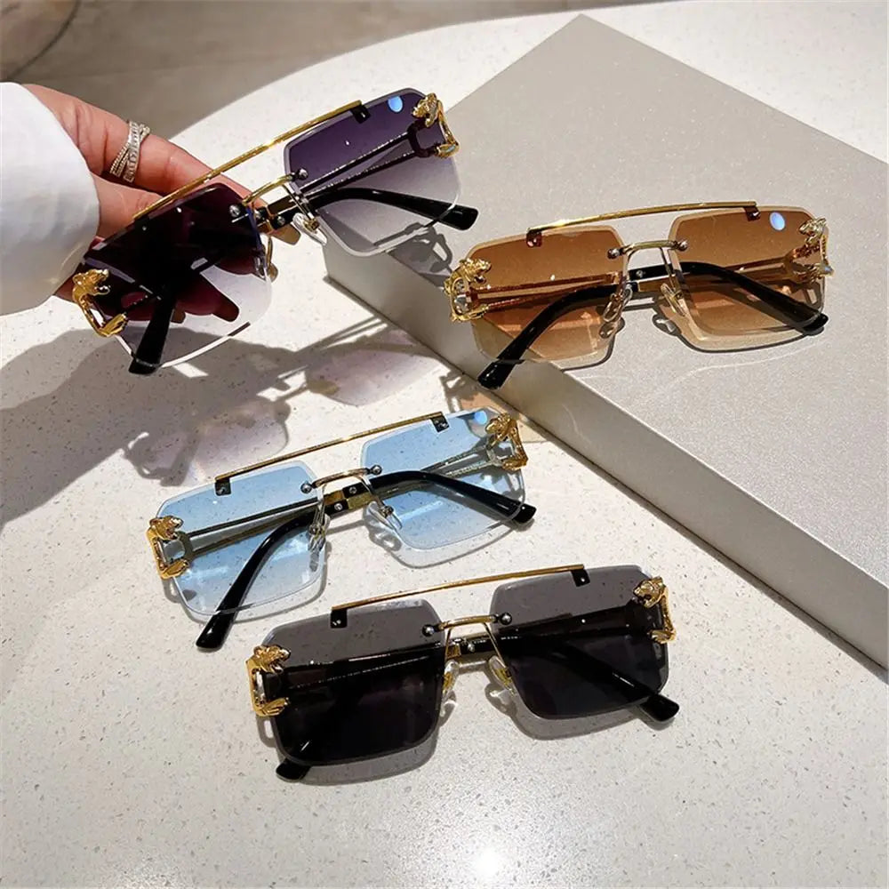 Retro Rimless Sunglasses Eyewear Cheetah Decor Metal Sun Glasses Unisex Oversized Square Shades New Double Bridge Gradient UV400