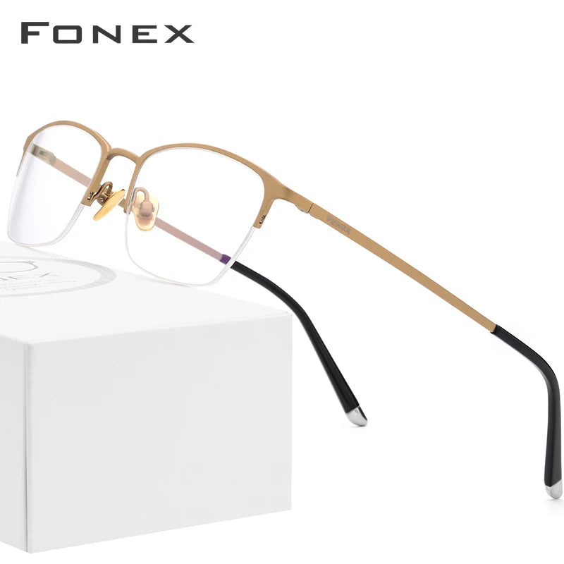 FONEX Pure Titanium Glasses Frame Men Vintage Square Eyewear Women Ultralight Semi-Rimless Half-Rim Japanese Eyeglasses 8502