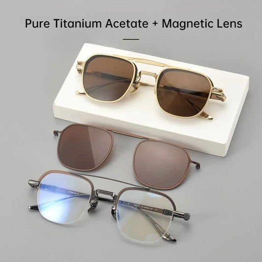 High-end Luxury Pure Titanium Retro Square Semi-Rimless Magnetic Sunglasses UV400 Men Vintage Pilot Aviator Eyeglasses Eyewear