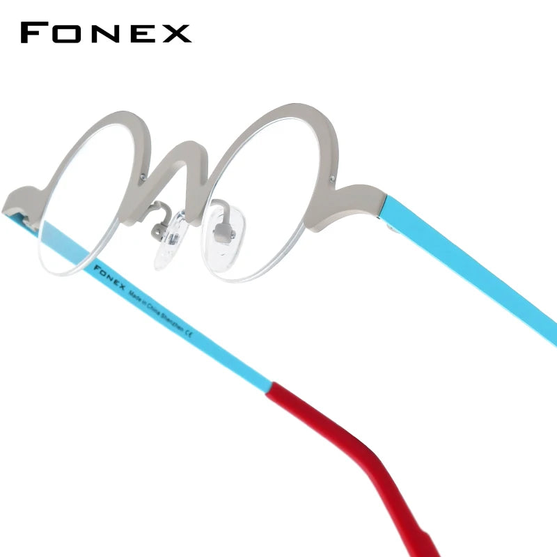 FONEX Pure Titanium Glasses Frame Men Brand Design Retro Vintage Small Round Eyeglasses Women Semi-Rimless Half Eyewear 85810