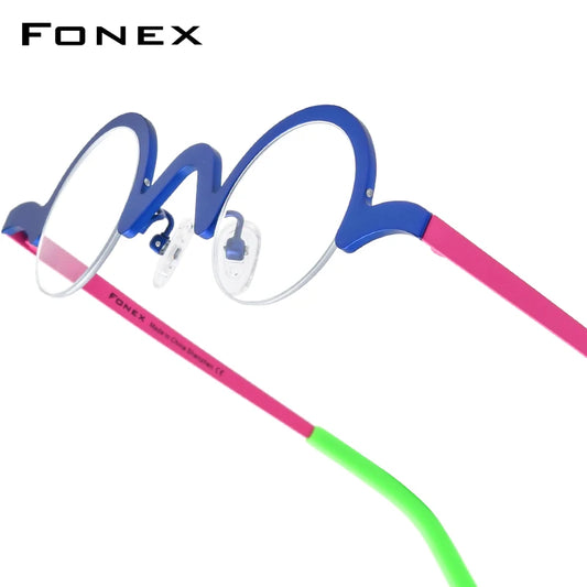 FONEX Pure Titanium Glasses Frame Men Brand Design Retro Vintage Small Round Eyeglasses Women Semi-Rimless Half Eyewear 85810