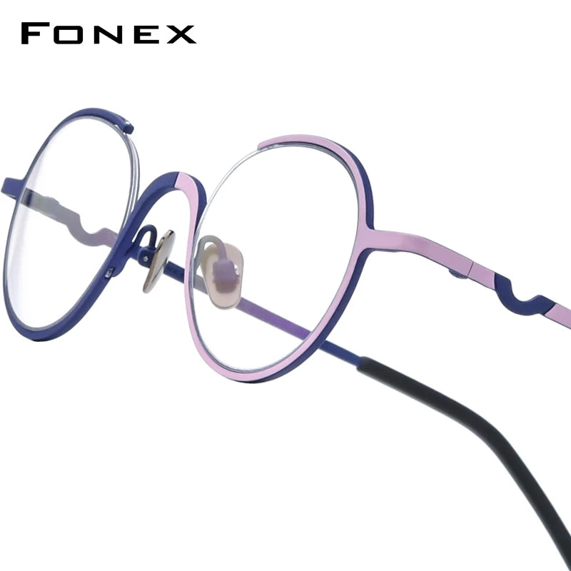 FONEX Pure Titanium Glasses Frame Men Brand Design Retro Vintage Small Round Eyeglasses Women Semi-Rimless Half Eyewear 85810