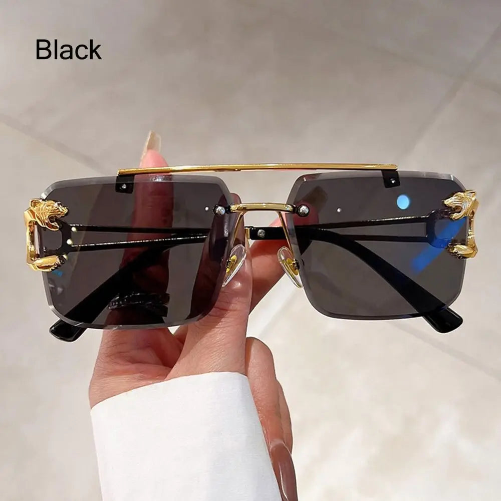 Retro Rimless Sunglasses Eyewear Cheetah Decor Metal Sun Glasses Unisex Oversized Square Shades New Double Bridge Gradient UV400