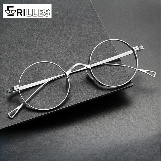 Japanese Minimalist Glasses, Featherlight Semi-Titanium Round Frame with Blue Light Filtering, Retro Full Rim Design