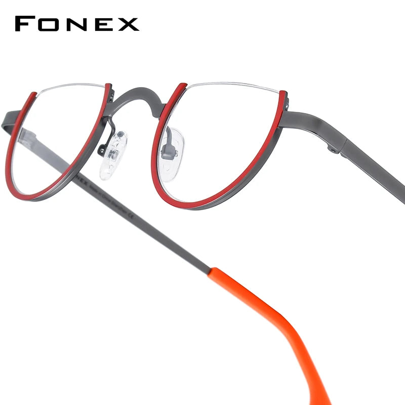 FONEX Pure Titanium Glasses Frame Men Brand Design Retro Vintage Small Round Eyeglasses Women Semi-Rimless Half Eyewear 85810