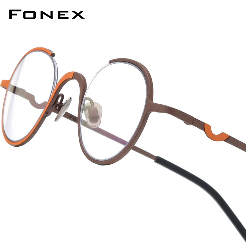 FONEX Pure Titanium Glasses Frame Men Brand Design Retro Vintage Small Round Eyeglasses Women Semi-Rimless Half Eyewear 85810