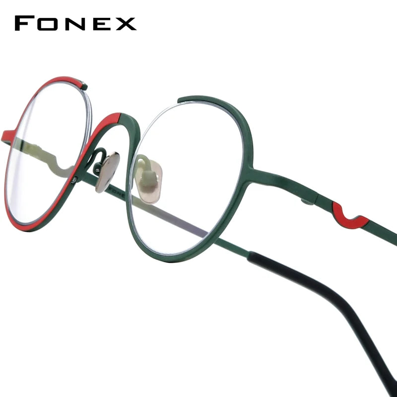 FONEX Pure Titanium Glasses Frame Men Brand Design Retro Vintage Small Round Eyeglasses Women Semi-Rimless Half Eyewear 85810