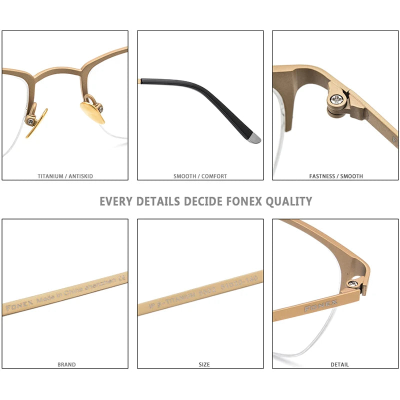 FONEX Pure Titanium Glasses Frame Men Vintage Square Eyewear Women Ultralight Semi-Rimless Half-Rim Japanese Eyeglasses 8502