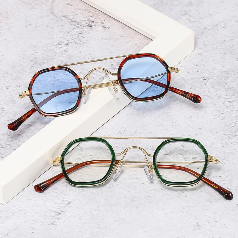 SO&EI Retro Double Bridges Polygon Square Sunglasses Women Fashion Clear Ocean Gradient Lens Shades UV400 Men Punk Sun Glasses