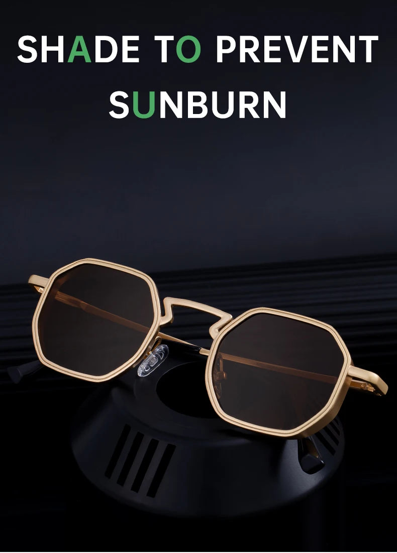 Small Frame Hexason Steampunk Sunglasses Men 2025 Luxury Brand Vintage Punk Eyewear Classic Polygon Metal Sun Glasses Male UV400