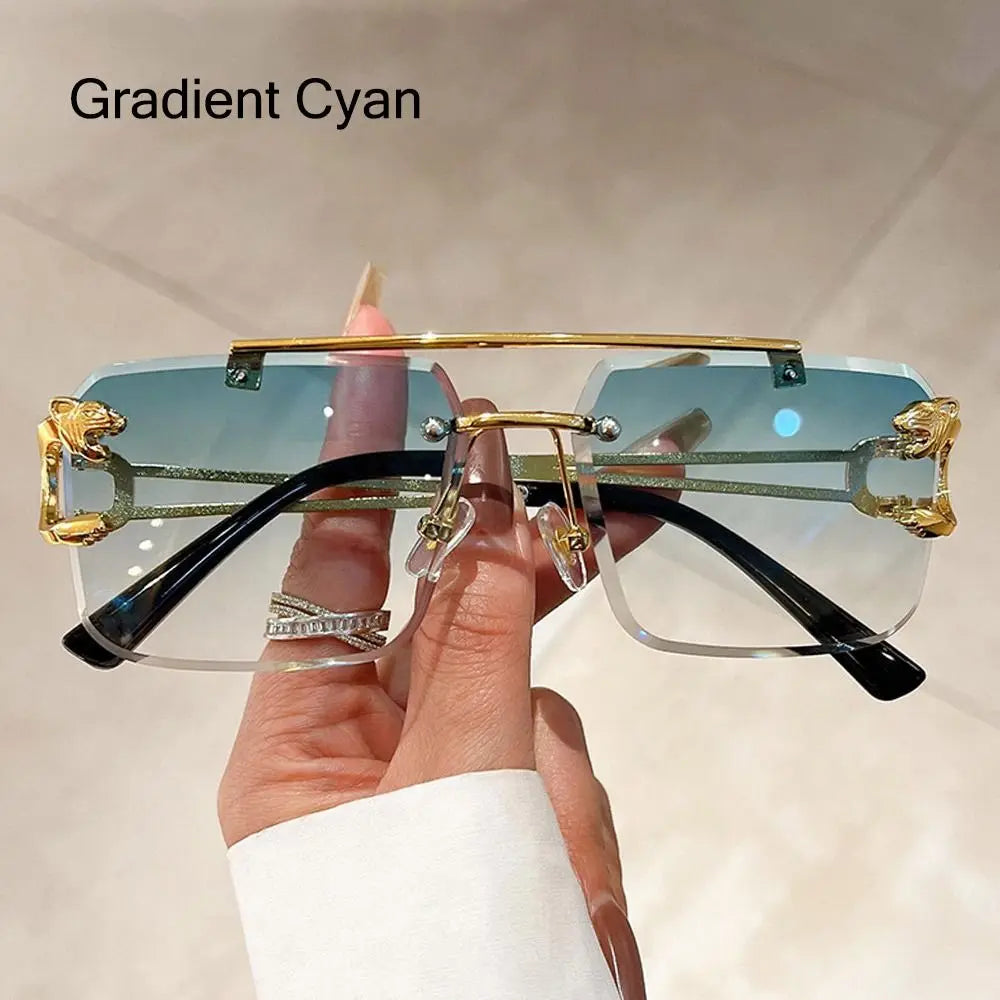 Retro Rimless Sunglasses Eyewear Cheetah Decor Metal Sun Glasses Unisex Oversized Square Shades New Double Bridge Gradient UV400