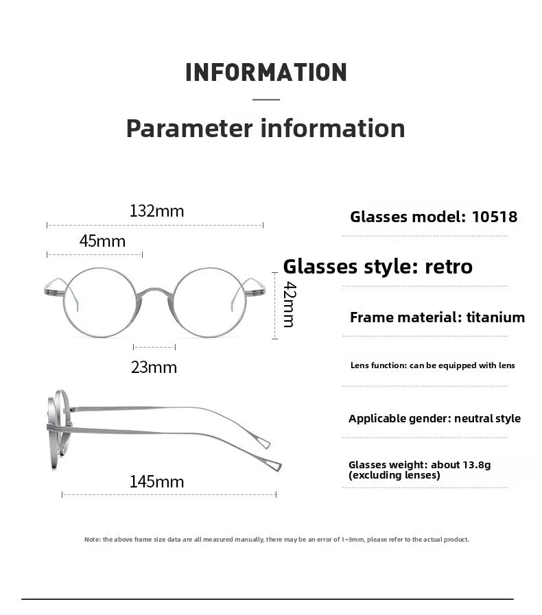 Japanese Minimalist Glasses, Featherlight Semi-Titanium Round Frame with Blue Light Filtering, Retro Full Rim Design