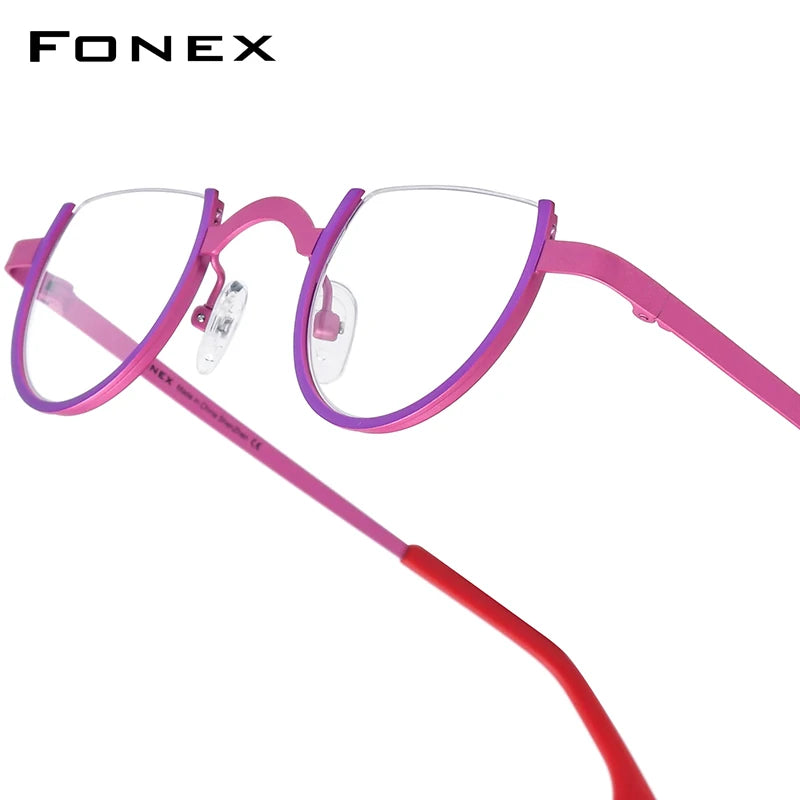 FONEX Pure Titanium Glasses Frame Men Brand Design Retro Vintage Small Round Eyeglasses Women Semi-Rimless Half Eyewear 85810