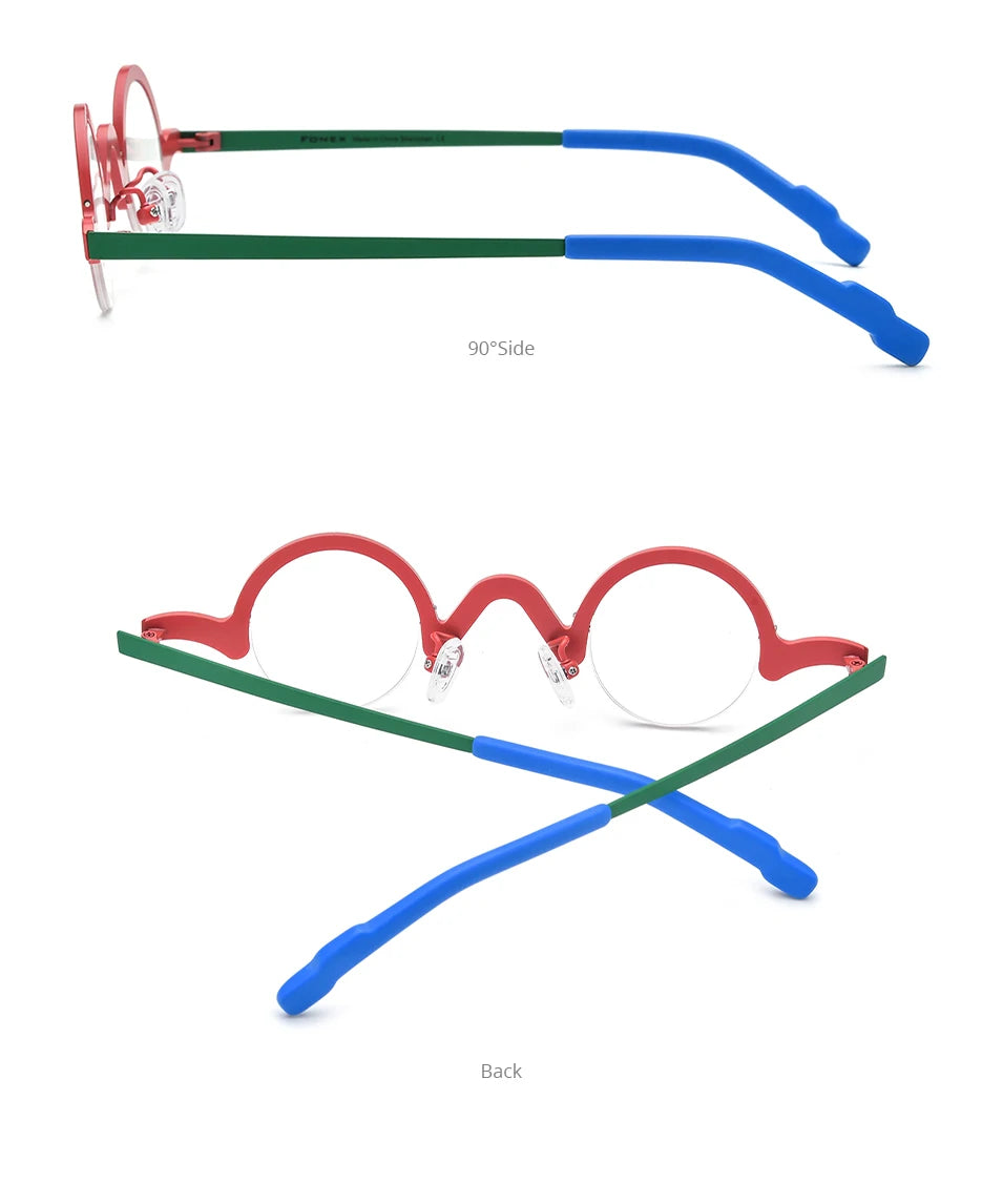 FONEX Pure Titanium Glasses Frame Men Brand Design Retro Vintage Small Round Eyeglasses Women Semi-Rimless Half Eyewear 85810