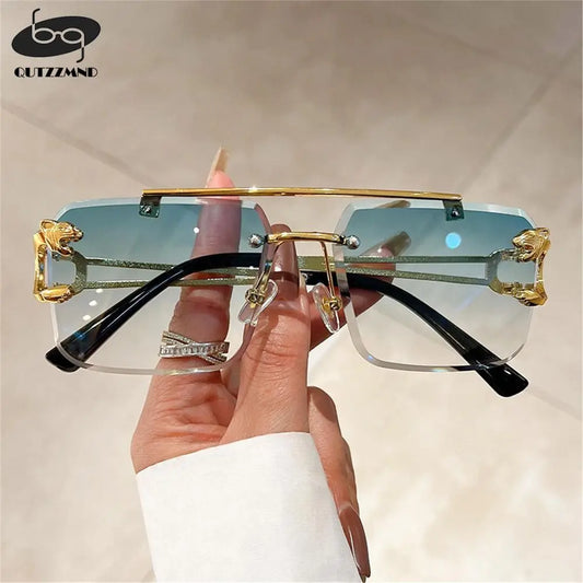 Retro Rimless Sunglasses Eyewear Cheetah Decor Metal Sun Glasses Unisex Oversized Square Shades New Double Bridge Gradient UV400