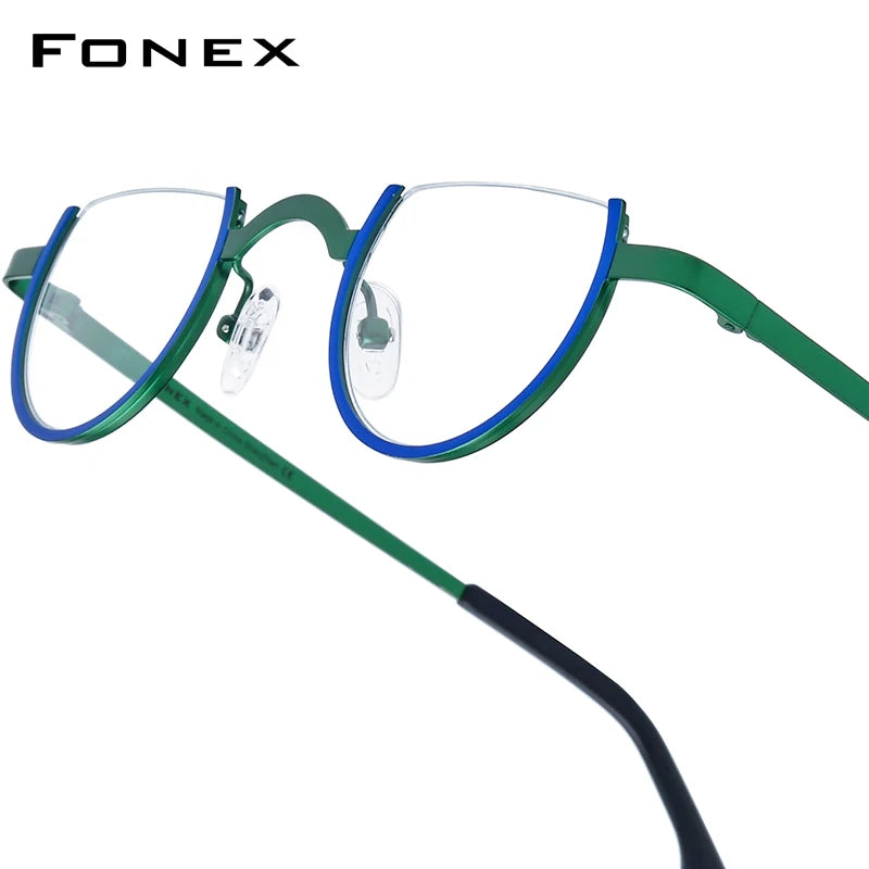 FONEX Pure Titanium Glasses Frame Men Brand Design Retro Vintage Small Round Eyeglasses Women Semi-Rimless Half Eyewear 85810