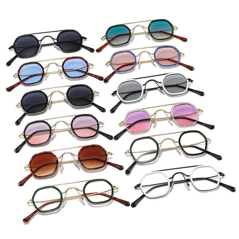 SO&EI Retro Double Bridges Polygon Square Sunglasses Women Fashion Clear Ocean Gradient Lens Shades UV400 Men Punk Sun Glasses