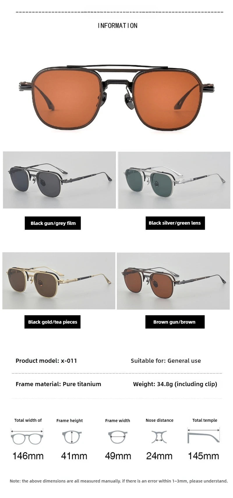 High-end Luxury Pure Titanium Retro Square Semi-Rimless Magnetic Sunglasses UV400 Men Vintage Pilot Aviator Eyeglasses Eyewear