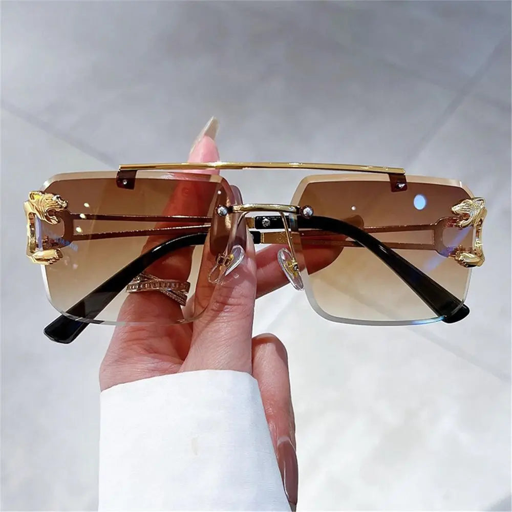 Retro Rimless Sunglasses Eyewear Cheetah Decor Metal Sun Glasses Unisex Oversized Square Shades New Double Bridge Gradient UV400