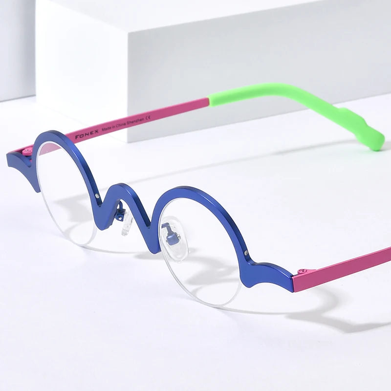 FONEX Pure Titanium Glasses Frame Men Brand Design Retro Vintage Small Round Eyeglasses Women Semi-Rimless Half Eyewear 85810