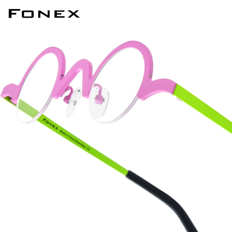 FONEX Pure Titanium Glasses Frame Men Brand Design Retro Vintage Small Round Eyeglasses Women Semi-Rimless Half Eyewear 85810