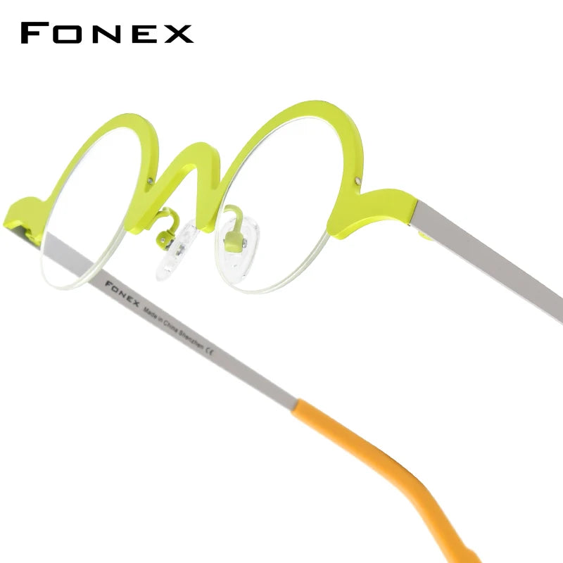 FONEX Pure Titanium Glasses Frame Men Brand Design Retro Vintage Small Round Eyeglasses Women Semi-Rimless Half Eyewear 85810