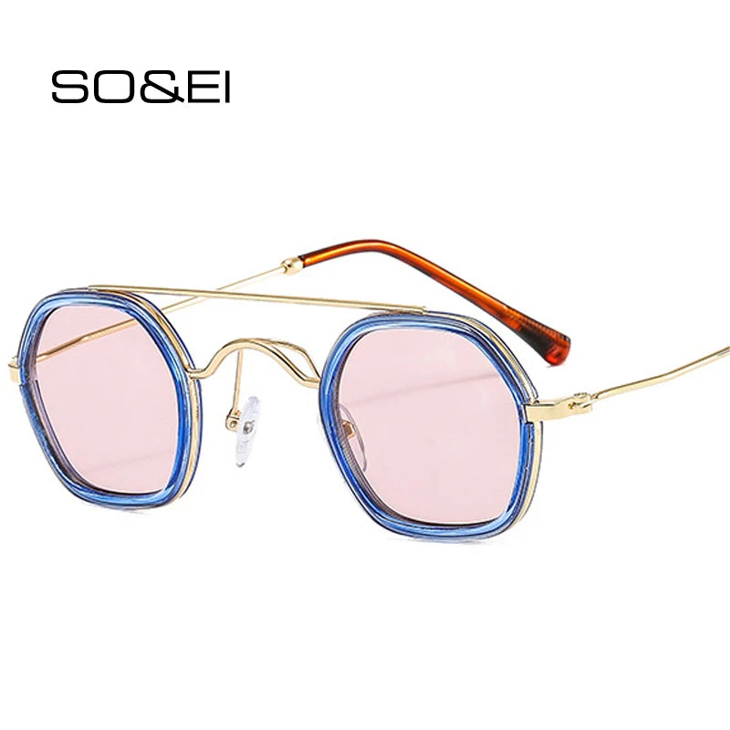 SO&EI Retro Double Bridges Polygon Square Sunglasses Women Fashion Clear Ocean Gradient Lens Shades UV400 Men Punk Sun Glasses