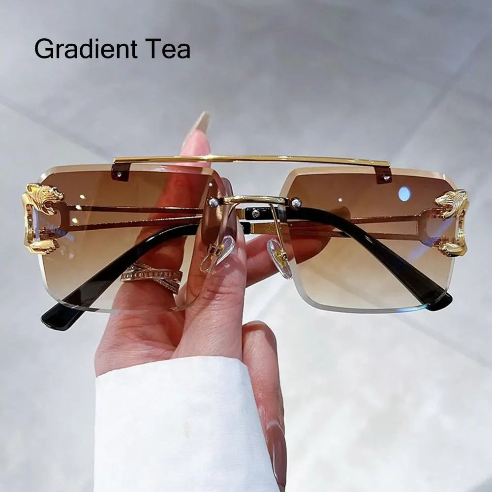 Retro Rimless Sunglasses Eyewear Cheetah Decor Metal Sun Glasses Unisex Oversized Square Shades New Double Bridge Gradient UV400