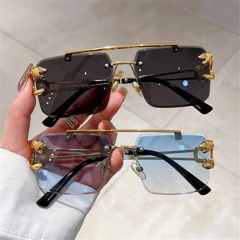 Retro Rimless Sunglasses Eyewear Cheetah Decor Metal Sun Glasses Unisex Oversized Square Shades New Double Bridge Gradient UV400