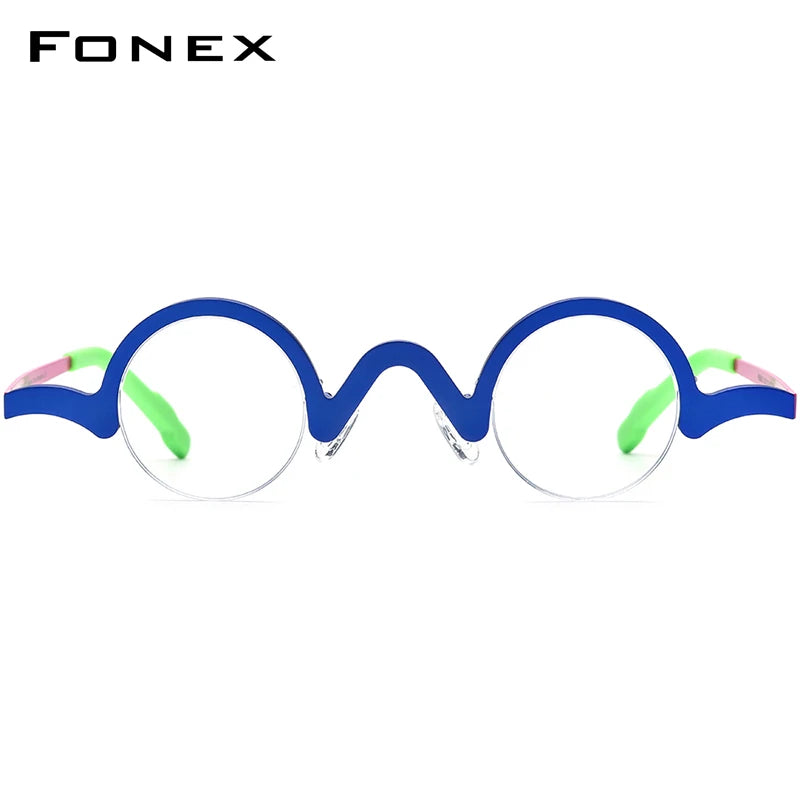 FONEX Pure Titanium Glasses Frame Men Brand Design Retro Vintage Small Round Eyeglasses Women Semi-Rimless Half Eyewear 85810
