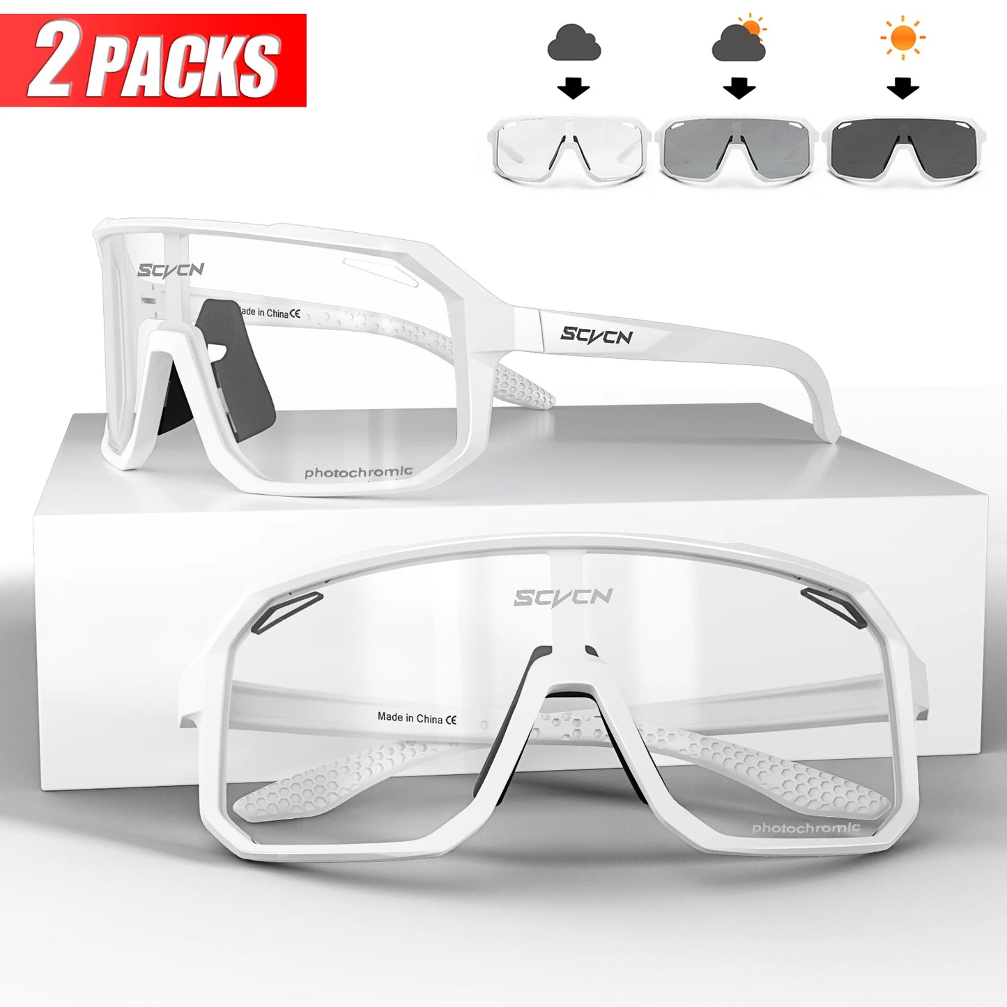 2 Packs Photochromic Riding Cycling Sunglasses Mtb Cycling Glasses Goggles Bicycle Mountain Bike Men's Women Sport Eyewear