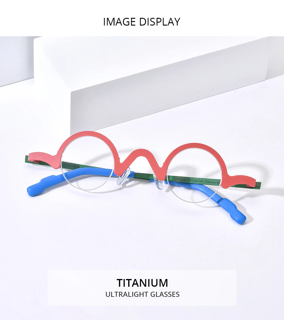 FONEX Pure Titanium Glasses Frame Men Brand Design Retro Vintage Small Round Eyeglasses Women Semi-Rimless Half Eyewear 85810
