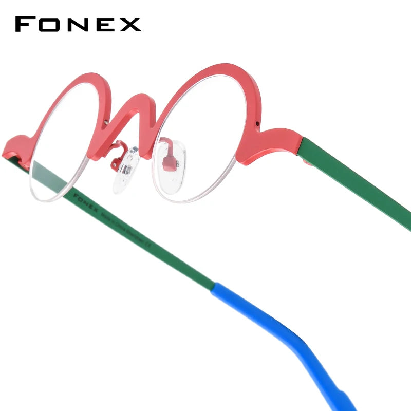 FONEX Pure Titanium Glasses Frame Men Brand Design Retro Vintage Small Round Eyeglasses Women Semi-Rimless Half Eyewear 85810