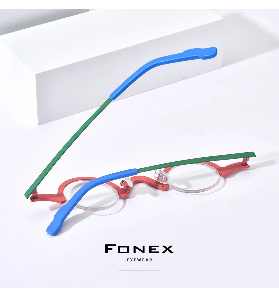 FONEX Pure Titanium Glasses Frame Men Brand Design Retro Vintage Small Round Eyeglasses Women Semi-Rimless Half Eyewear 85810